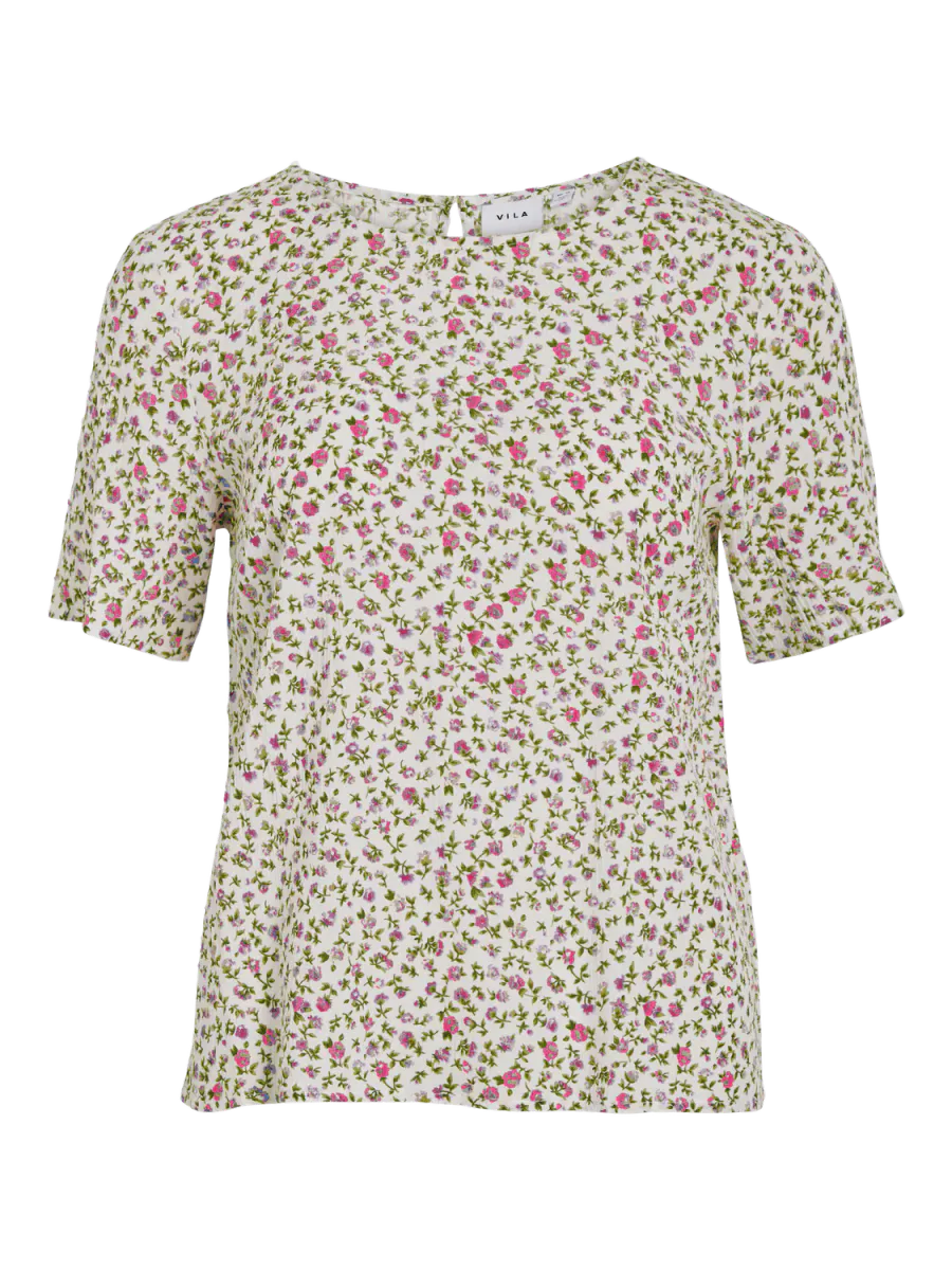 GREIS BLUSE M/KORT ERM - ROSA/GRØNN