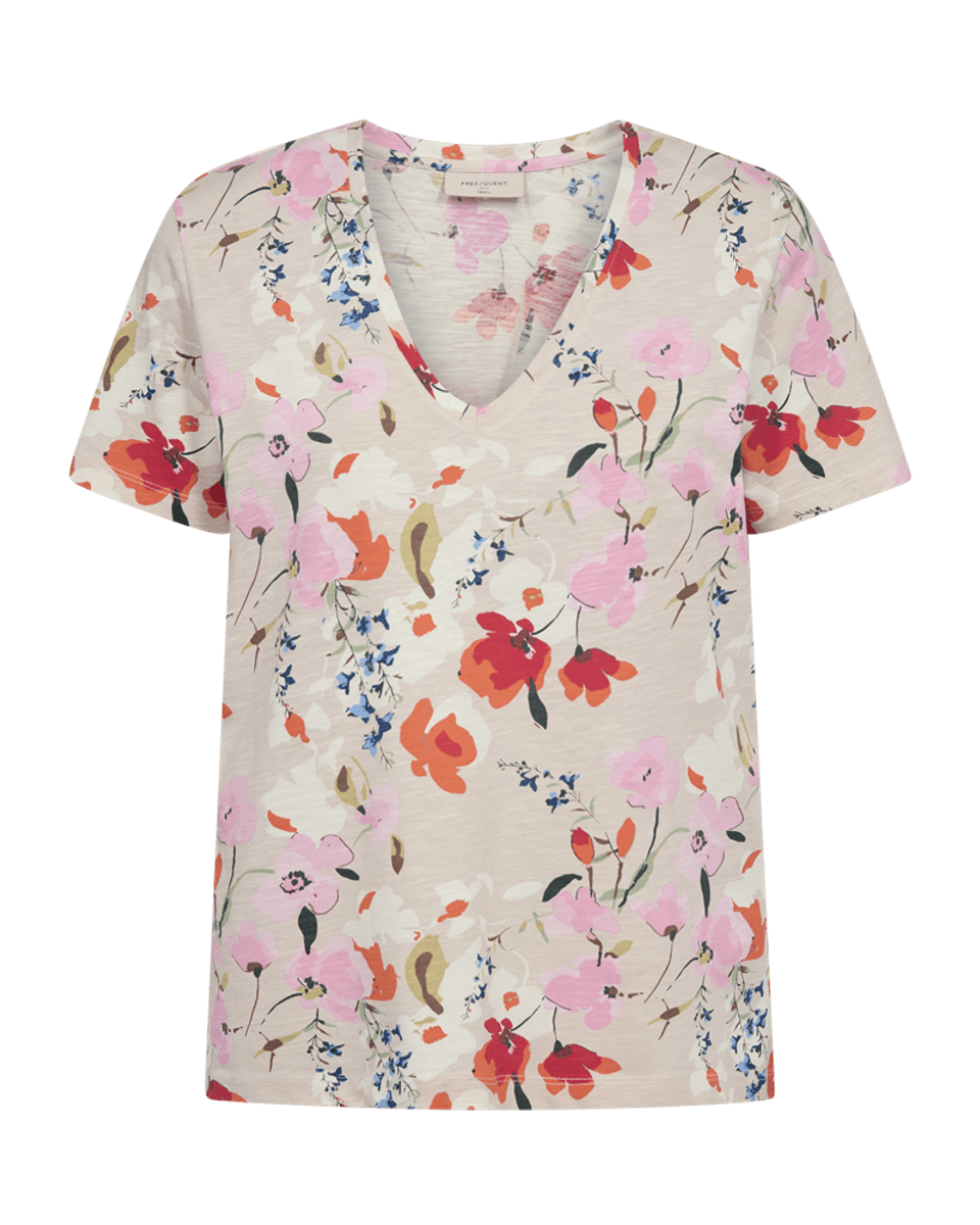 VIVA TOPP V-HALS FLOWER - CREAM/ROSA