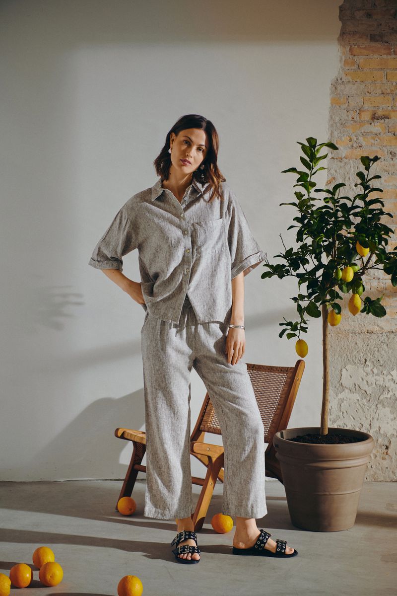 LAVA LIN/VISCOSE BUKSE STRIPER - BRUN/OFFWHITE