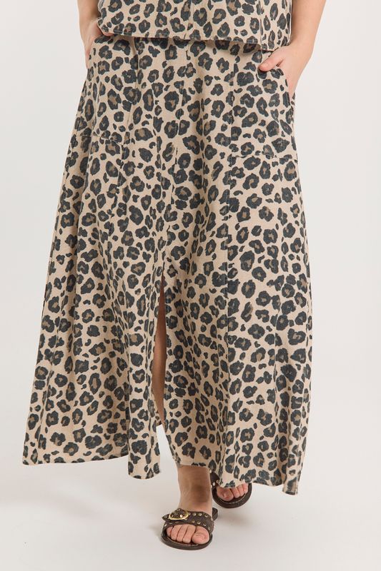 LAVISCO LIN/VISCOSE SKJØRT - LEOPARD