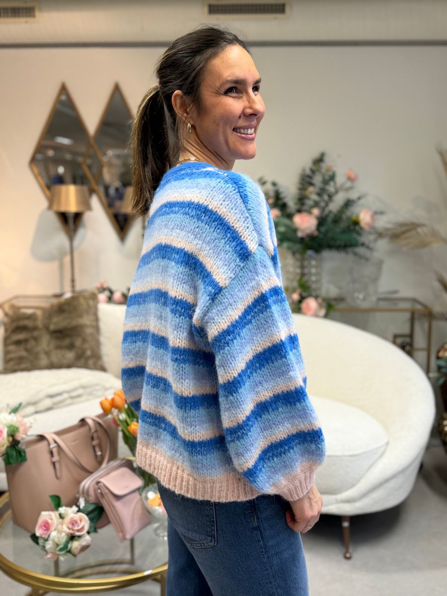 MAYBE STRIKKET CARDIGAN M/STRIPER - LYSBLÅ/CREAM