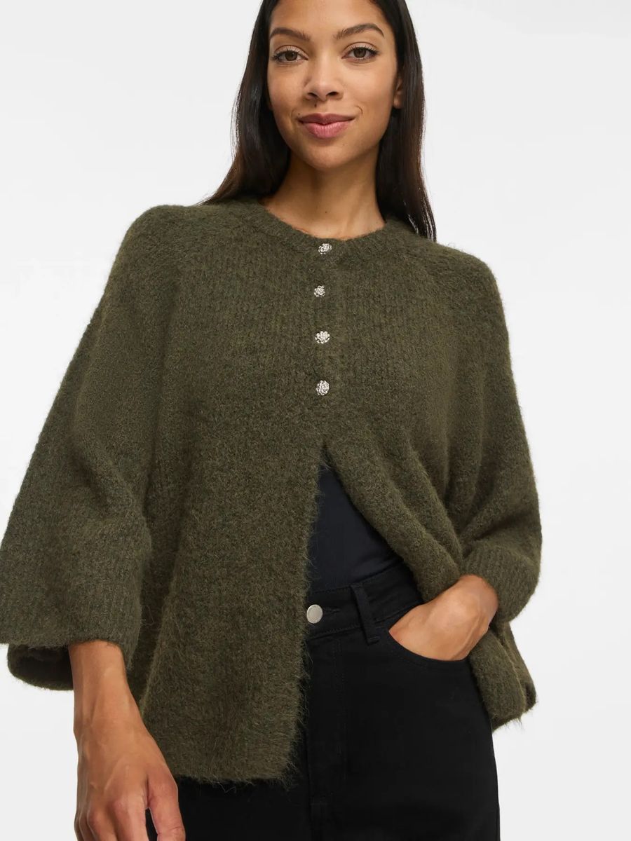 BOWS 3/4 KNIT CARDIGAN M/METALL KNAPPER - OLIVEN MELERT