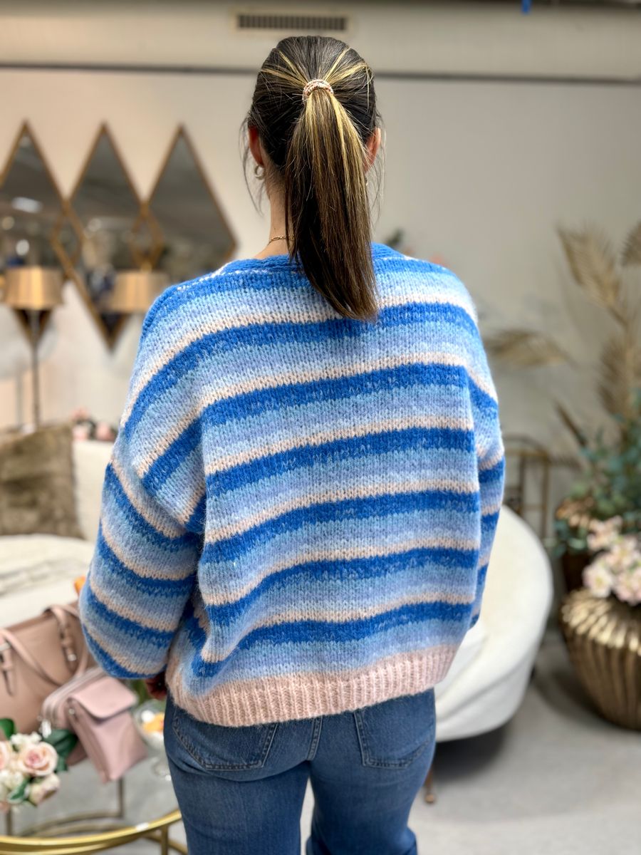 MAYBE STRIKKET CARDIGAN M/STRIPER - LYSBLÅ/CREAM