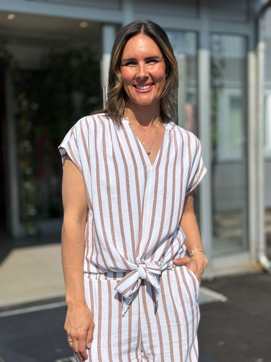 LAVISCO LIN/VISCOSE BLUSE M/KNYTING - HVIT / DUSTY COGNAC