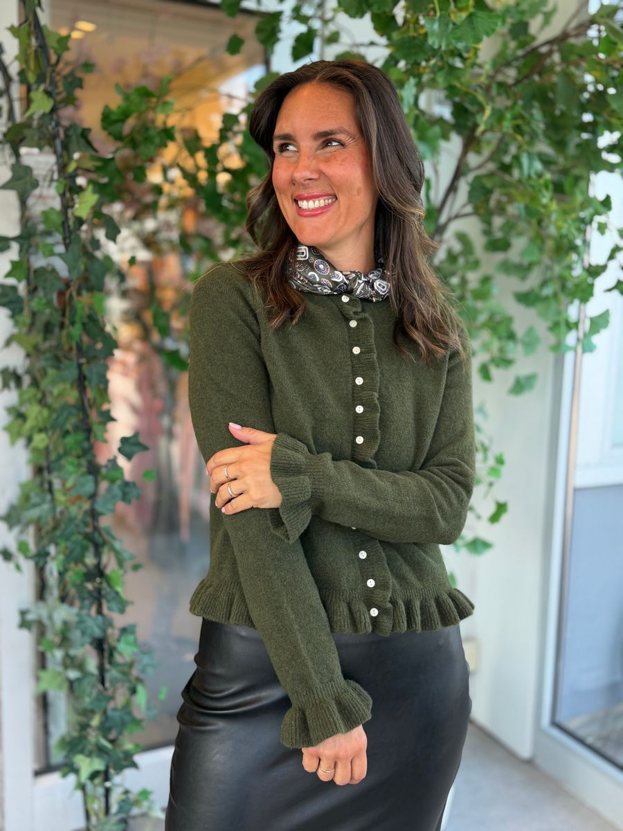 JACIA CARDIGAN M/FRILL - OLIVEN MELERT