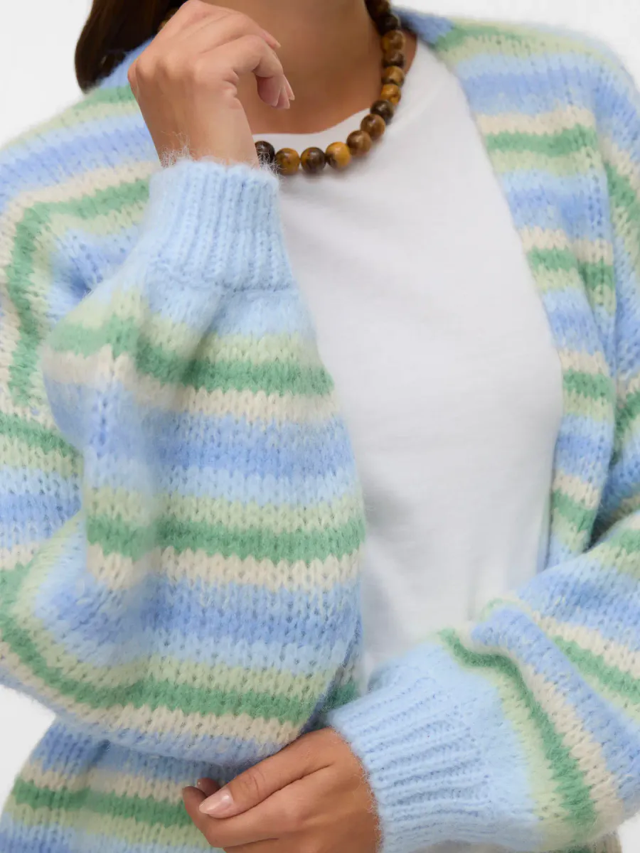 MAYBE STRIKKET CARDIGAN M/STRIPER - GRØNN/LYSBLÅ