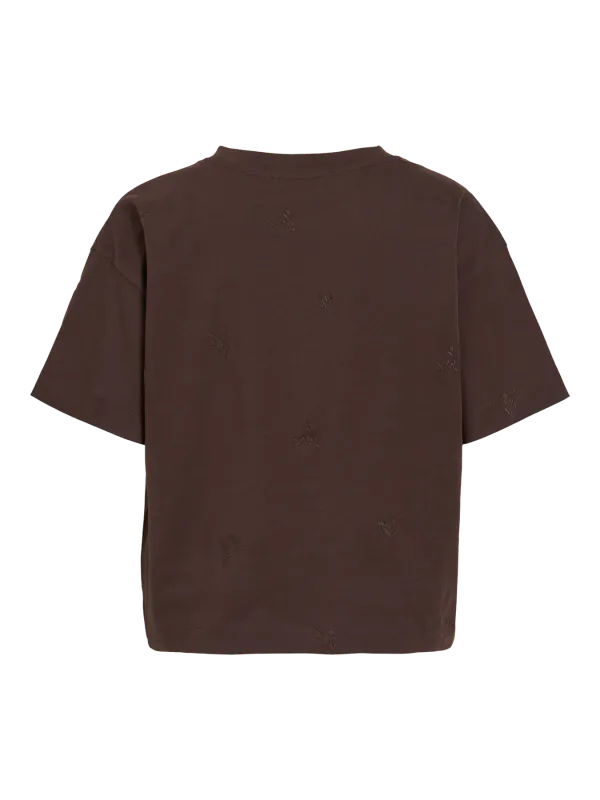 MONIE T-SHIRT M/BRODERT BLOMSTER - BRUN 