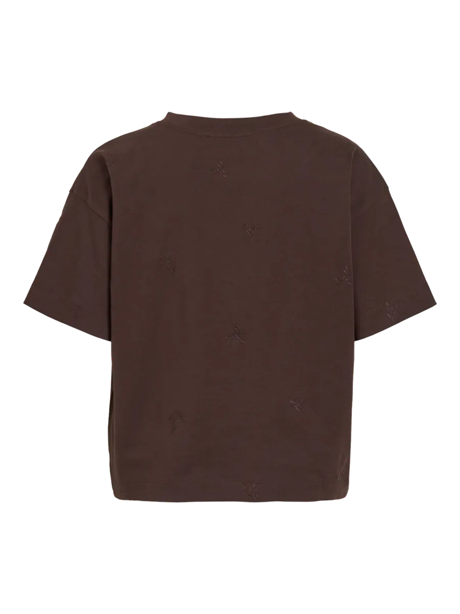 MONIE T-SHIRT M/BRODERT BLOMSTER - BRUN 