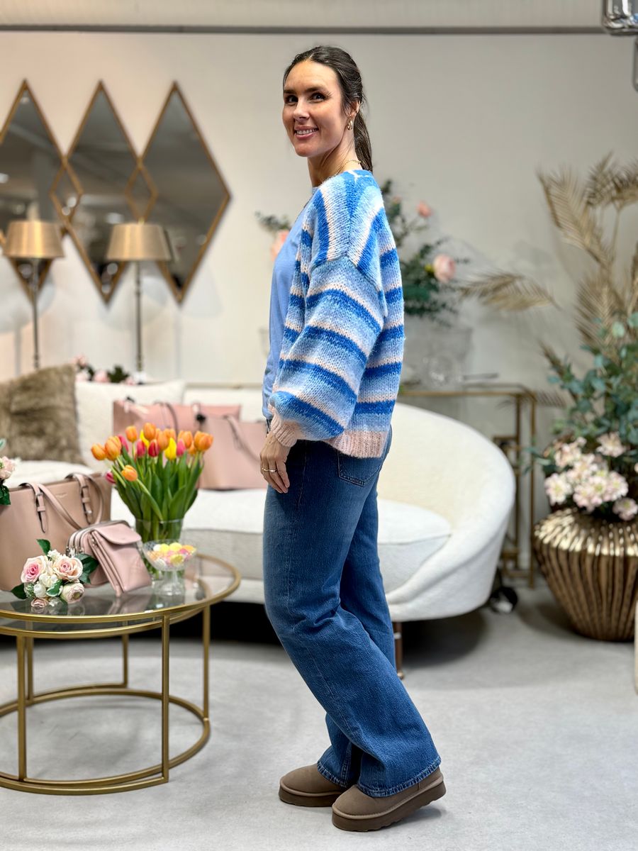 MAYBE STRIKKET CARDIGAN M/STRIPER - LYSBLÅ/CREAM