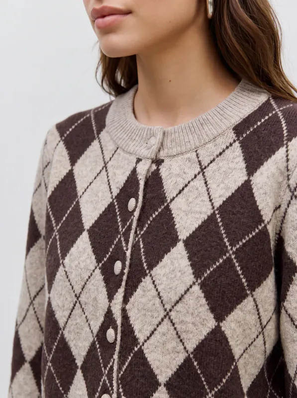 HALO CARDIGAN ARGYLE - BRUN / CREAM