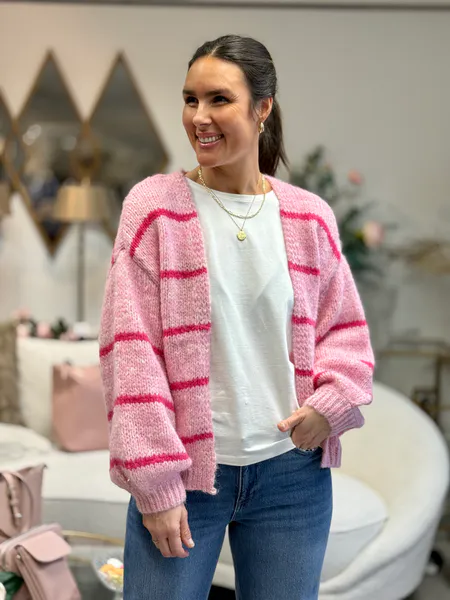 Hovedbilde MAYBE STRIKKET CARDIGAN M/STRIPER - ROSA