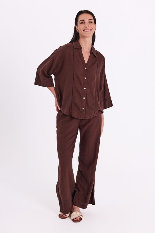 LALUNA LIN/VISCOSE SKJORTE - BRUN