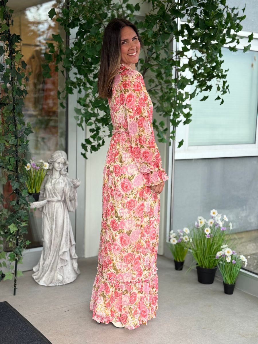 EMSA LANG KJOLE FLOWERS - ROSA/CREAM