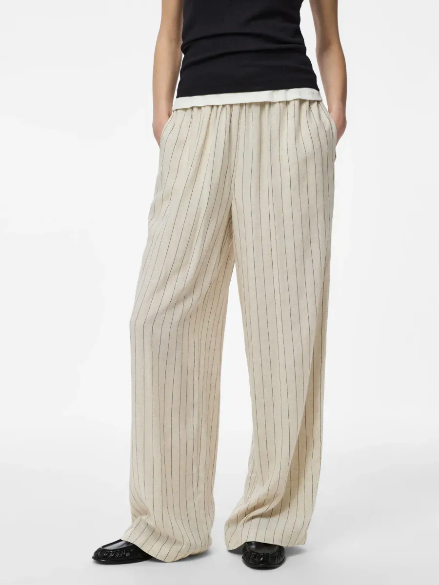 PIA VISCOSE/LIN BUKSE STRIPET - SAND / SORT